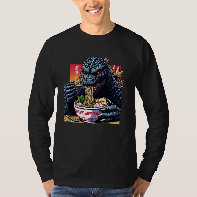 Camiseta Funny Kaiju Comendo Ramen Monstro Japonês Bi (Frente)