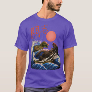 Camiseta Funny Kanagawa Wave com Kanji Dinossaur Kaiju