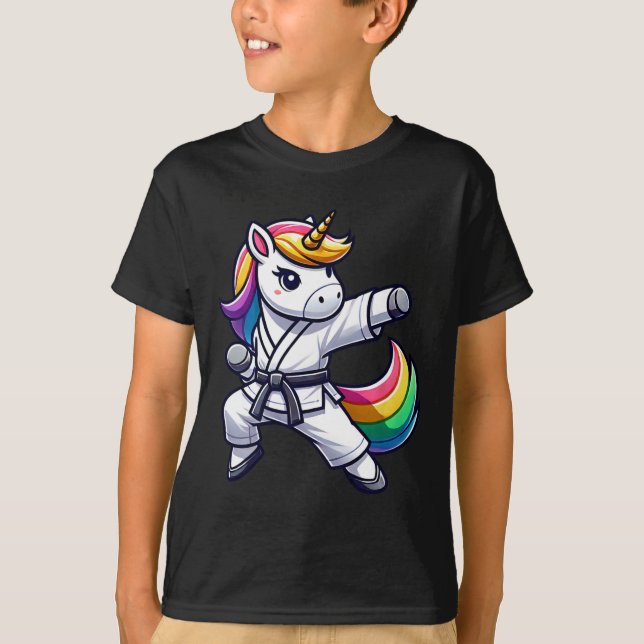 Camiseta Funny Karate Unicorn Atleta Black Belt Meninas (Frente)