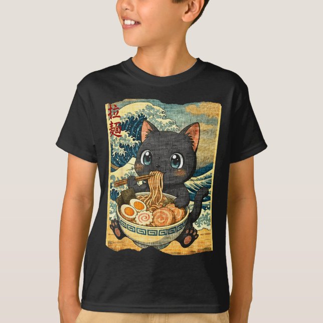 Camiseta Funny Kawaii Black Cat Ramen Noodle Bowl Japanese  (Frente)