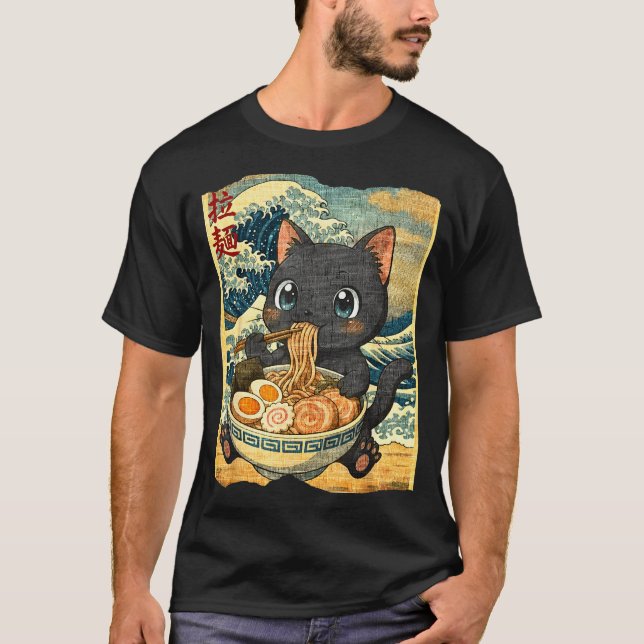 Camiseta Funny Kawaii Black Cat Ramen Noodle Bowl Japanese  (Frente)