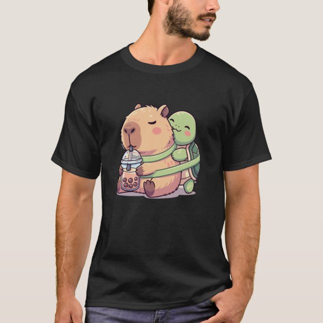 Camiseta Funny Kawaii Capybara Turtle Boba Tea Cute Men Wom (Frente)