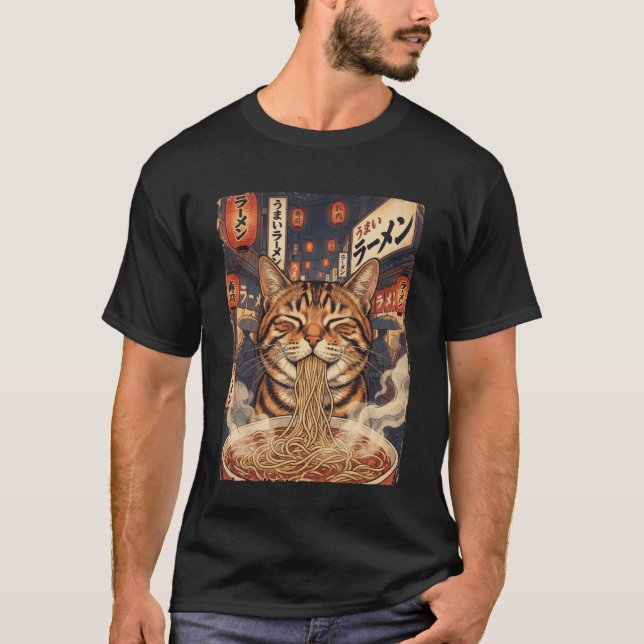 Camiseta Funny Kawaii Cat Eating Ramen Japanese Anime Stree (Frente)