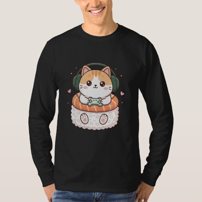 Camiseta Funny Kawaii Cat Gamer Sushi Cute Anime Men Boys K (Frente)