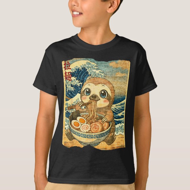 Camiseta Funny Kawaii Sloth Ramen Noodle Bowl Japanese Wave (Frente)