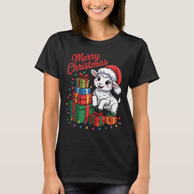 Camiseta Funny Lamb Santa Hat Animals Lovers Ugly Christmas (Frente)
