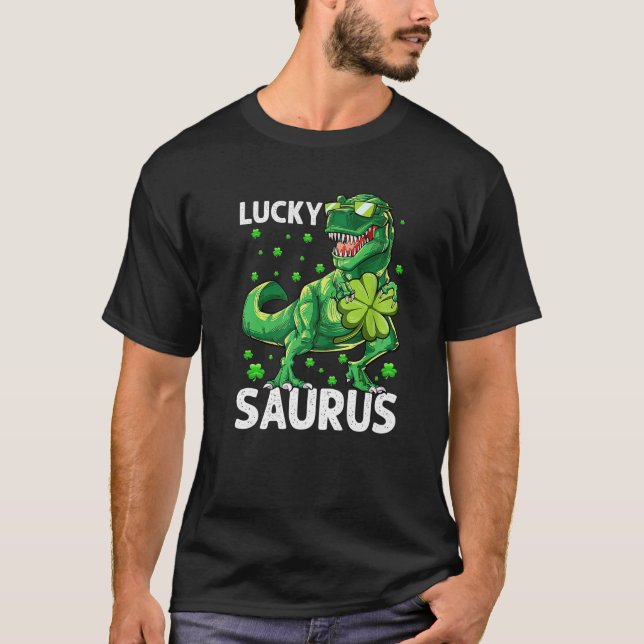 Camiseta Funny Lucky Saurus Dinosaur Irish Shamrock Rua Pat (Frente)