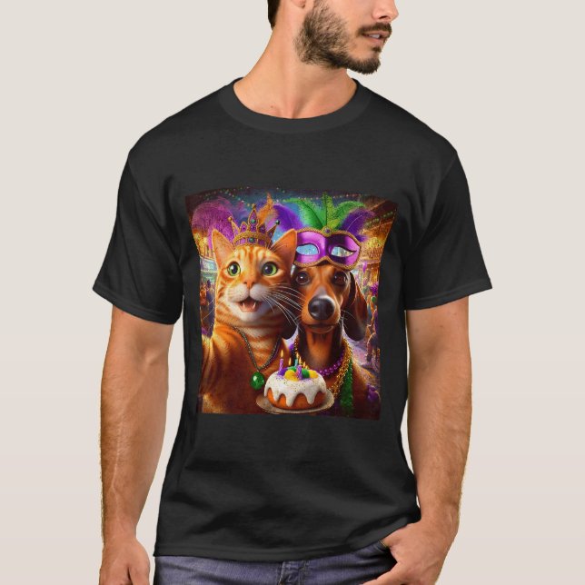 Camiseta Funny Mardi Gras Cat Dachshund Selfie Squad  (Frente)