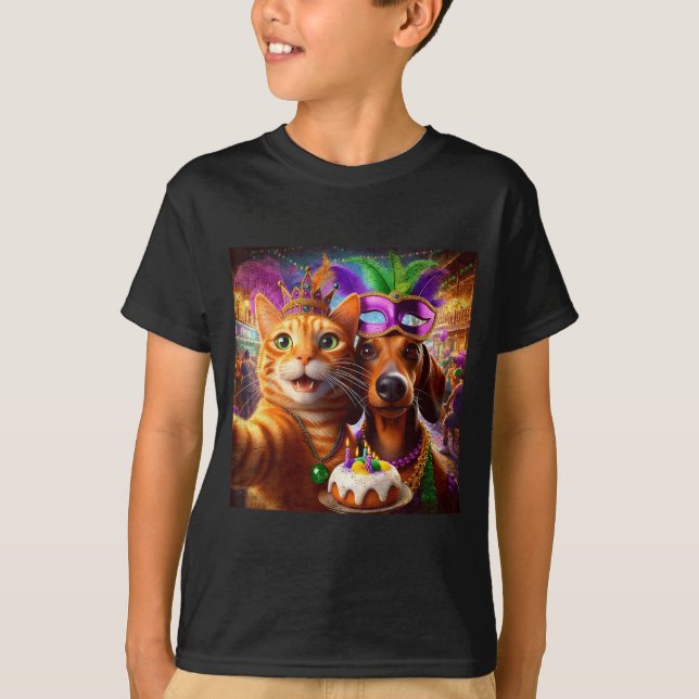 Camiseta Funny Mardi Gras Cat Dachshund Selfie Squad  (Frente)