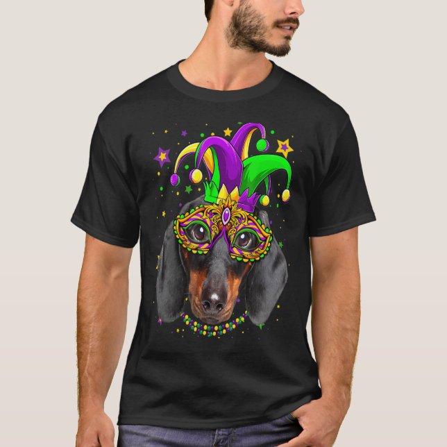 Camiseta Funny Mardi Gras Dachshund Miçanga Mask Mardi Gr (Frente)