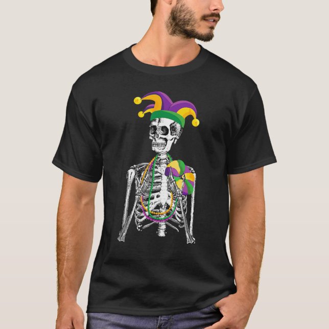 Camiseta Funny Mardi Gras Skeleton Partido do Carnaval Jest (Frente)