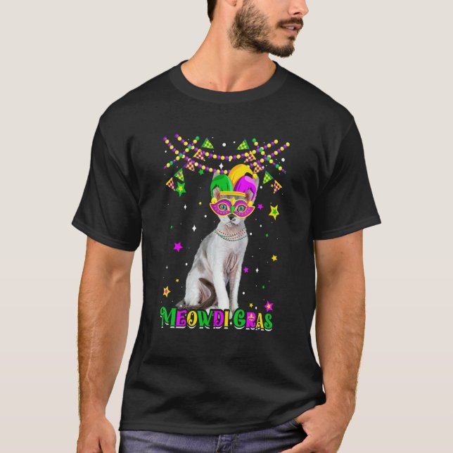 Camiseta Funny Meowdi Gras Devon Rex Cat Mardi Gras Carniva (Frente)