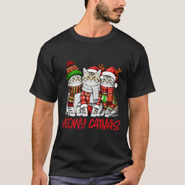 Camiseta Funny Meowy Catmas Christmas Cats Ugly Sweater Gra (Frente)
