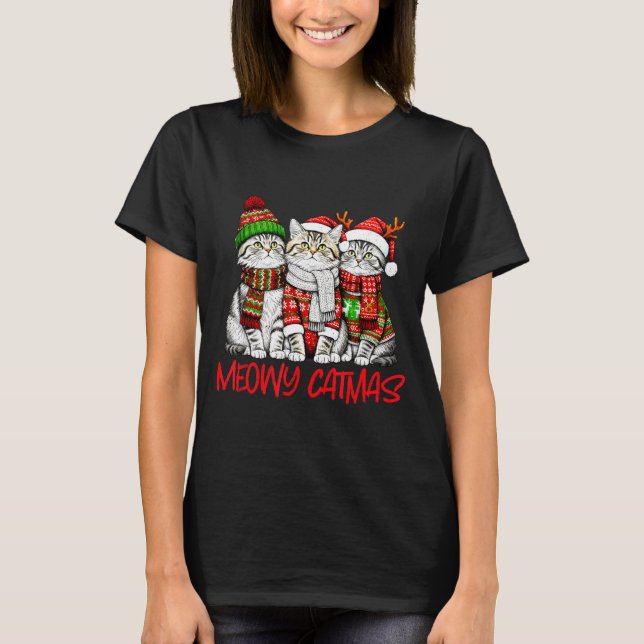 Camiseta Funny Meowy Catmas Christmas Cats Ugly Sweater Gra (Frente)