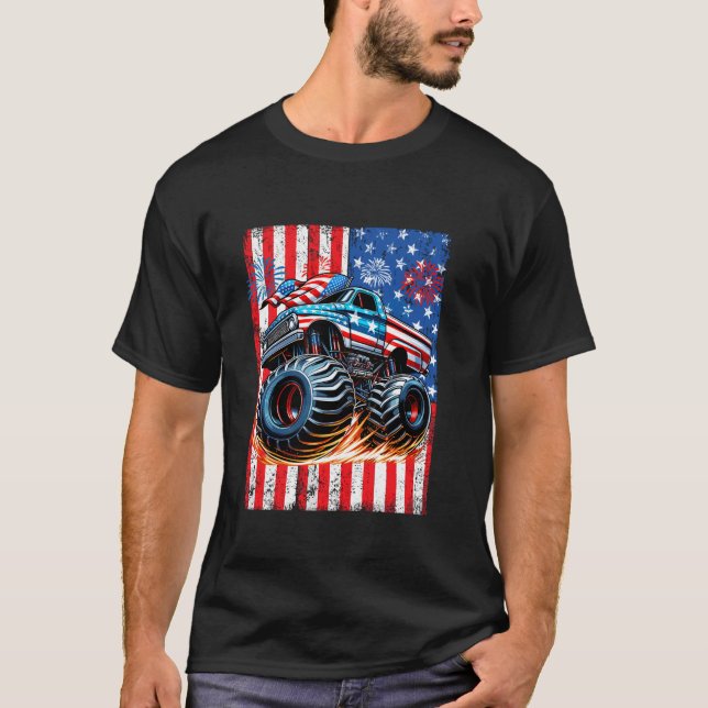 Camiseta Funny Merica Monster Caminhão EUA Bandeira 4 de ju (Frente)