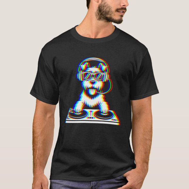 Camiseta Funny Miniature Schnauzer DJ Glitch Rave EDM Music (Frente)
