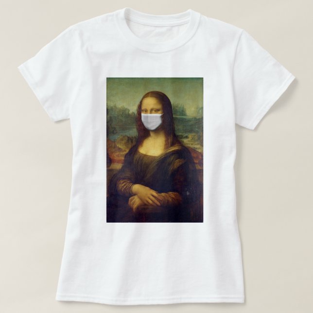 Camiseta Funny Monalisa Veste Máscara Facial Coronavírus (Frente do Design)