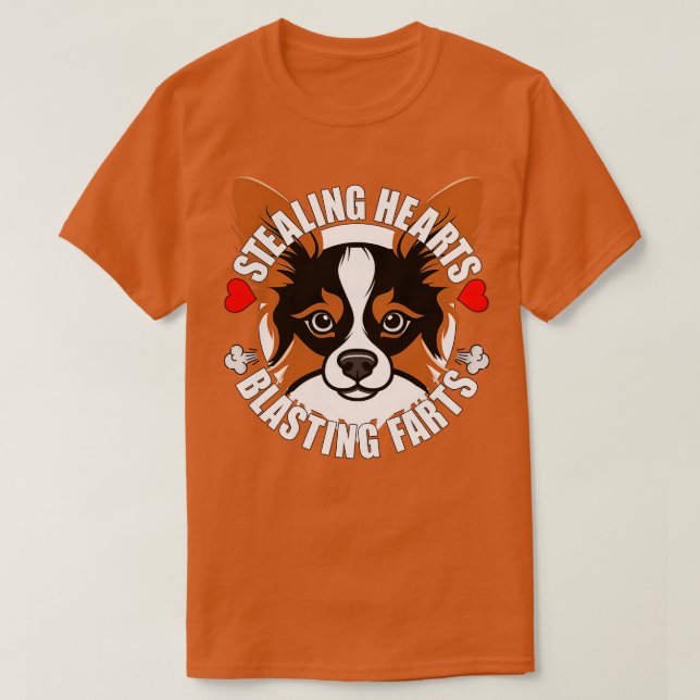 Camiseta Funny Papillon Roubando Corações Explosivos Cão (Frente do Design)