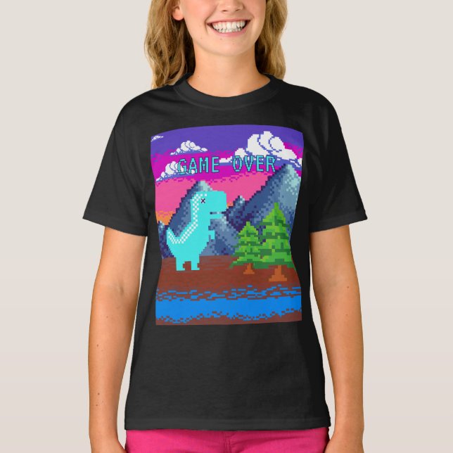 Camiseta Funny Pixel Gamer Pixelated- Dinosaur Illustration (Frente)
