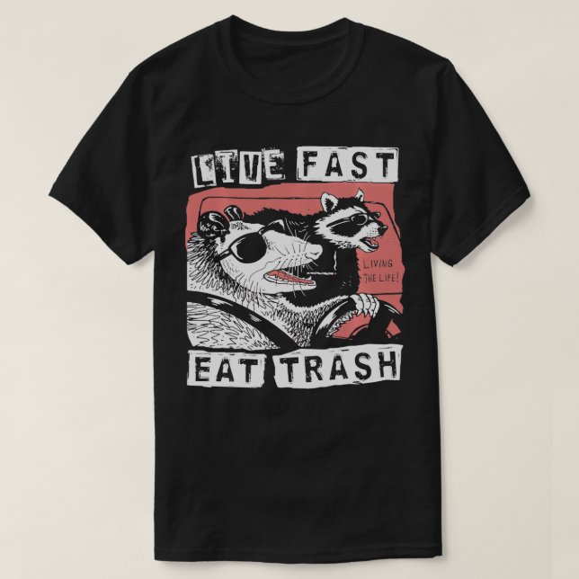 Camiseta Funny Possum Raccoon Live Fast Comer Rua Ca (Frente do Design)