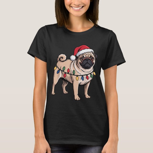 Camiseta Funny Pug Christmas Santa Hat Xmas Lights  (Frente)