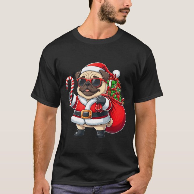 Camiseta Funny Pug Christmas Santa Outfit Xmas Mom Dad Kids (Frente)