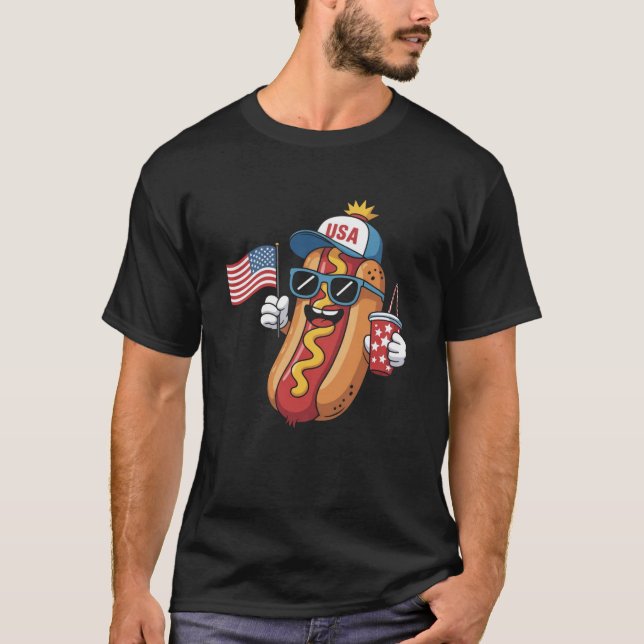 Camiseta Funny Quarto de julho Hotdog Patriotic USA Flag 4º (Frente)