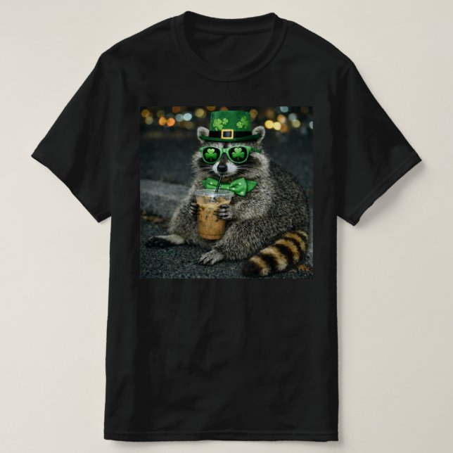 Camiseta Funny Raccoon Iced Coffee St. Patrick's Day , Retr (Frente do Design)