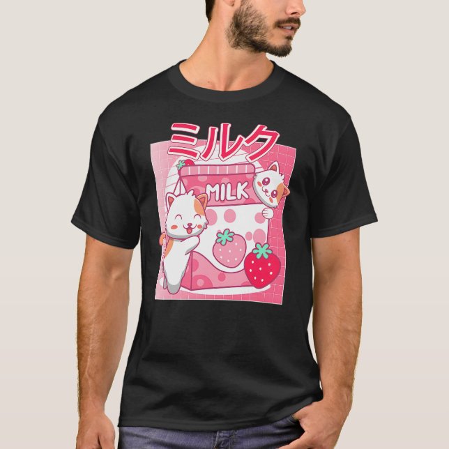 Camiseta Funny Retro 90s Kawaii Cat Strawberry Milk Japanes (Frente)