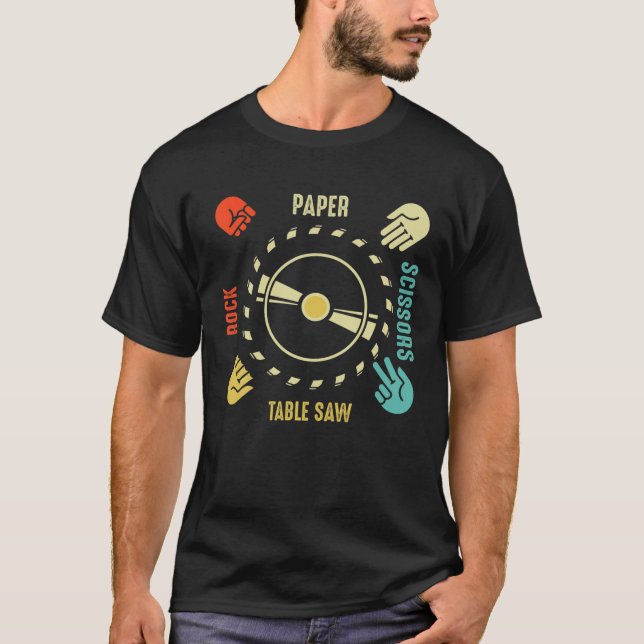 Camiseta Funny Rock Paper Scissors Table Saw Carpenter Tool (Frente)