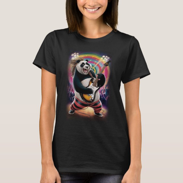 Camiseta Funny Rocker Panda playing Rock on a Black (Frente)