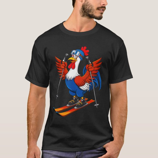 Camiseta Funny Rooster Skiing Adventure Cartoon  (Frente)