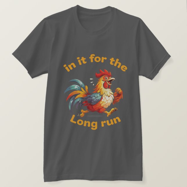 Camiseta Funny Running Rooster – In It for the Long Run (Frente do Design)