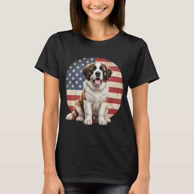 Camiseta Funny Saint Bernard Dog American Flag  (Frente)