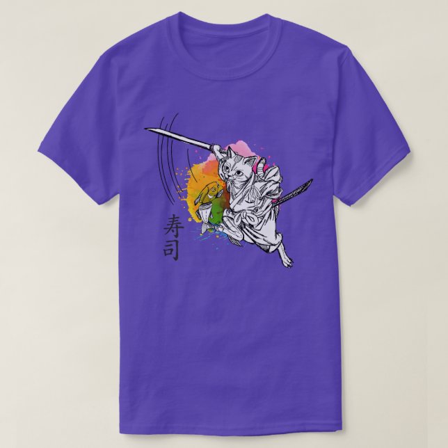 Camiseta Funny Samurai Cat Making Sushi (Japanese Signs)  (Frente do Design)