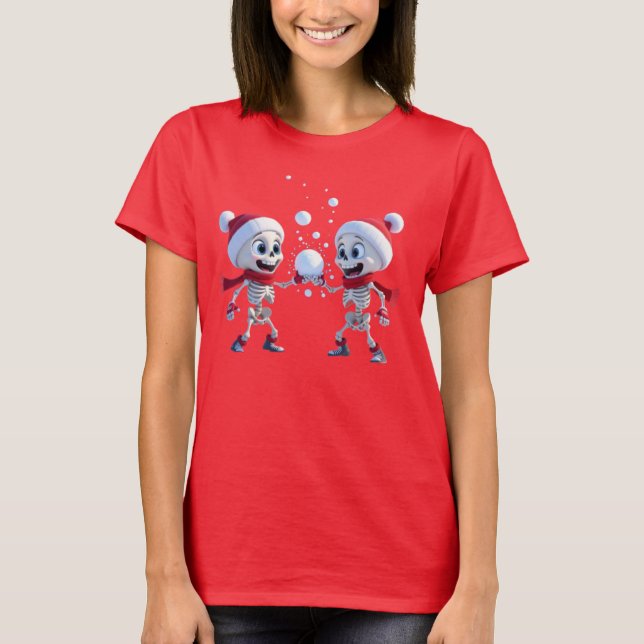 Camiseta Funny Santa Skeletons Having a Snowball Fight  (Frente)