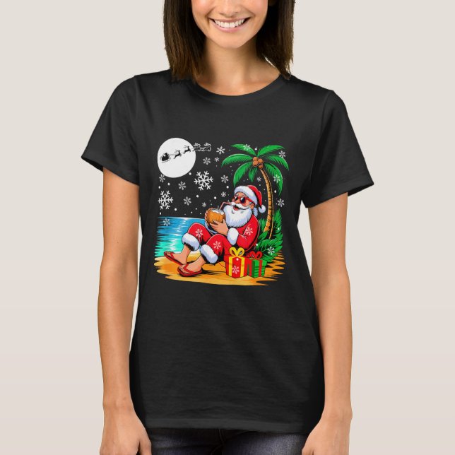 Camiseta Funny Santa Sungles Drinking Coconut On Beach Chri (Frente)