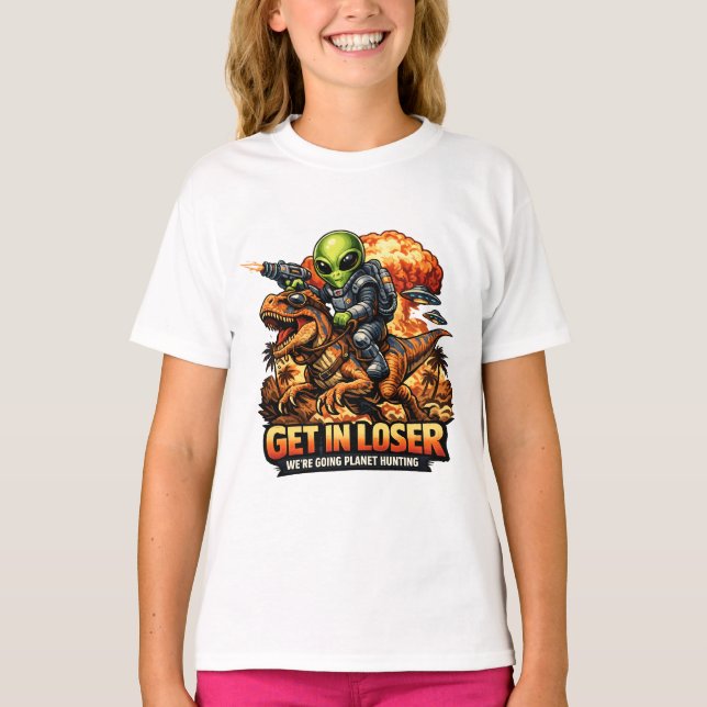 Camiseta Funny Sci-Fi Fantasy Meme Art, Alien Riding Dinosa (Frente)