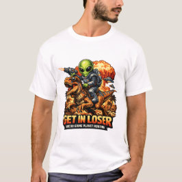 Camiseta Funny Sci-Fi Fantasy Meme Art, Alien Riding Dinosa