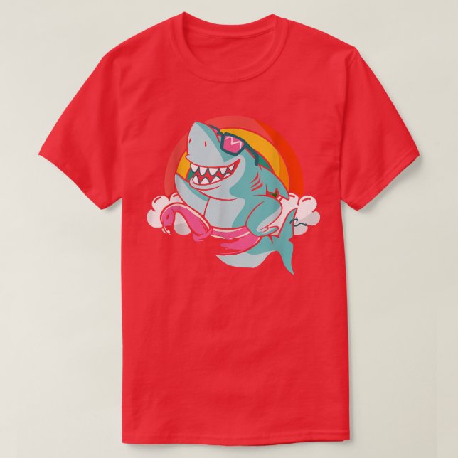 Camiseta Funny Shark with Flamingo Floating Hoop Rainbow Cl (Frente do Design)