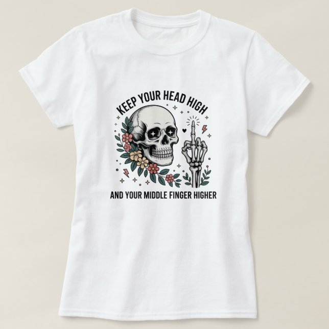 Camiseta Funny Skull Middle Finger | Flor Sarcásti (Frente do Design)