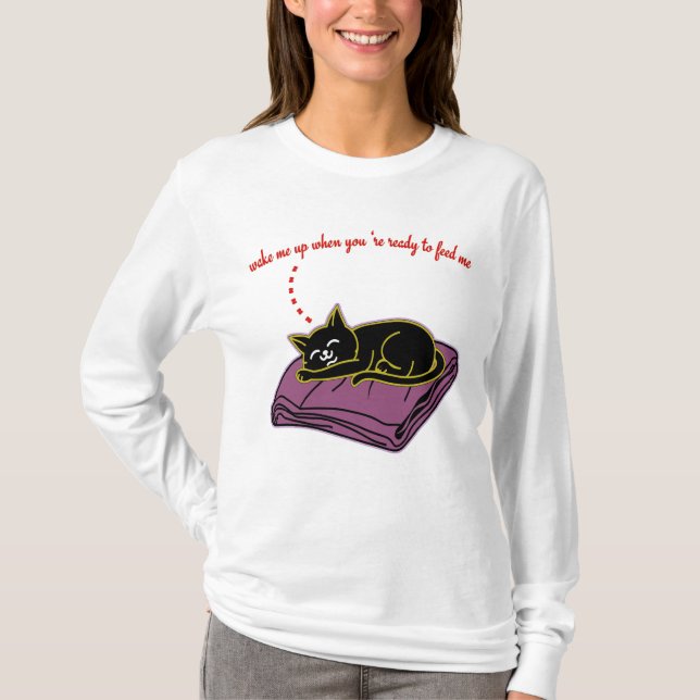 Camiseta Funny Sleeping Black Cat Long Sleeve Feed Me Shirt (Frente)