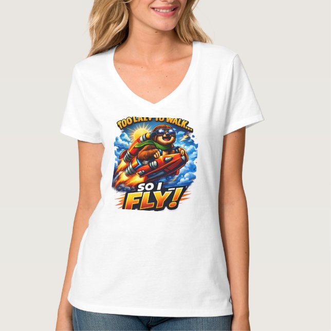 Camiseta Funny Sloth Rocket Meme, Too Lazy to Walk So I Fly (Frente)