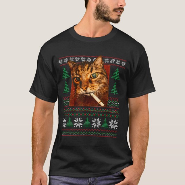 Camiseta Funny Smoking Cat Meme Christmas Ugly  (Frente)