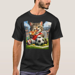 Camiseta Funny Soccer Cat Eating Pizza Cartoon Design