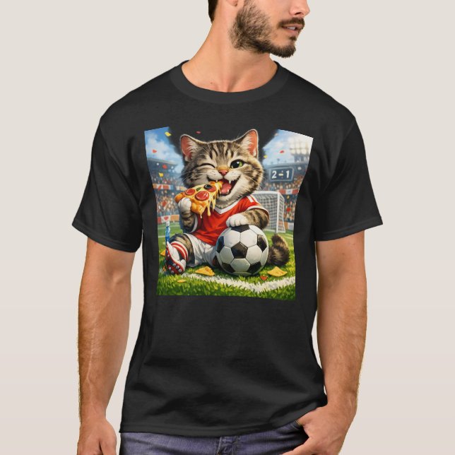 Camiseta Funny Soccer Cat Eating Pizza Cartoon Design (Frente)