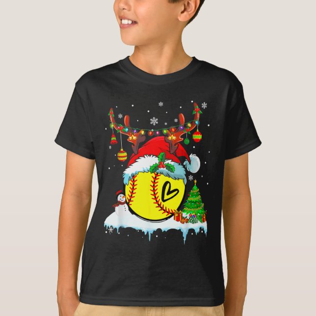 Camiseta Funny Softball Christmas Reindeer Santa Hat Lights (Frente)