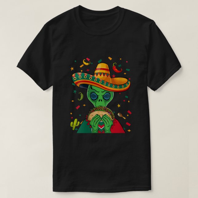 Camiseta Funny Sombrero Alienígena Taco UFO México Bandeira (Frente do Design)