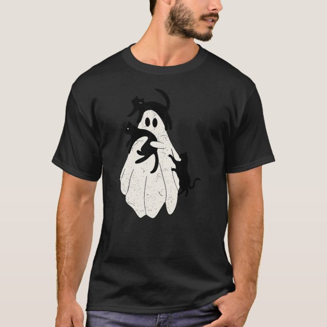Camiseta Funny Spooky Ghost Hold Black Cat Halloween Men Wo (Frente)