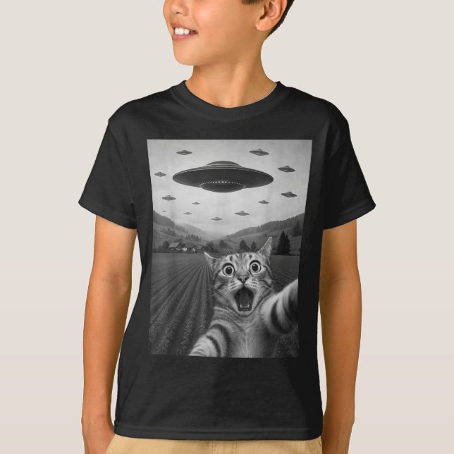 Camiseta Funny Surprised Ed Cat Selfie With Alien Ufo Cat U (Frente)